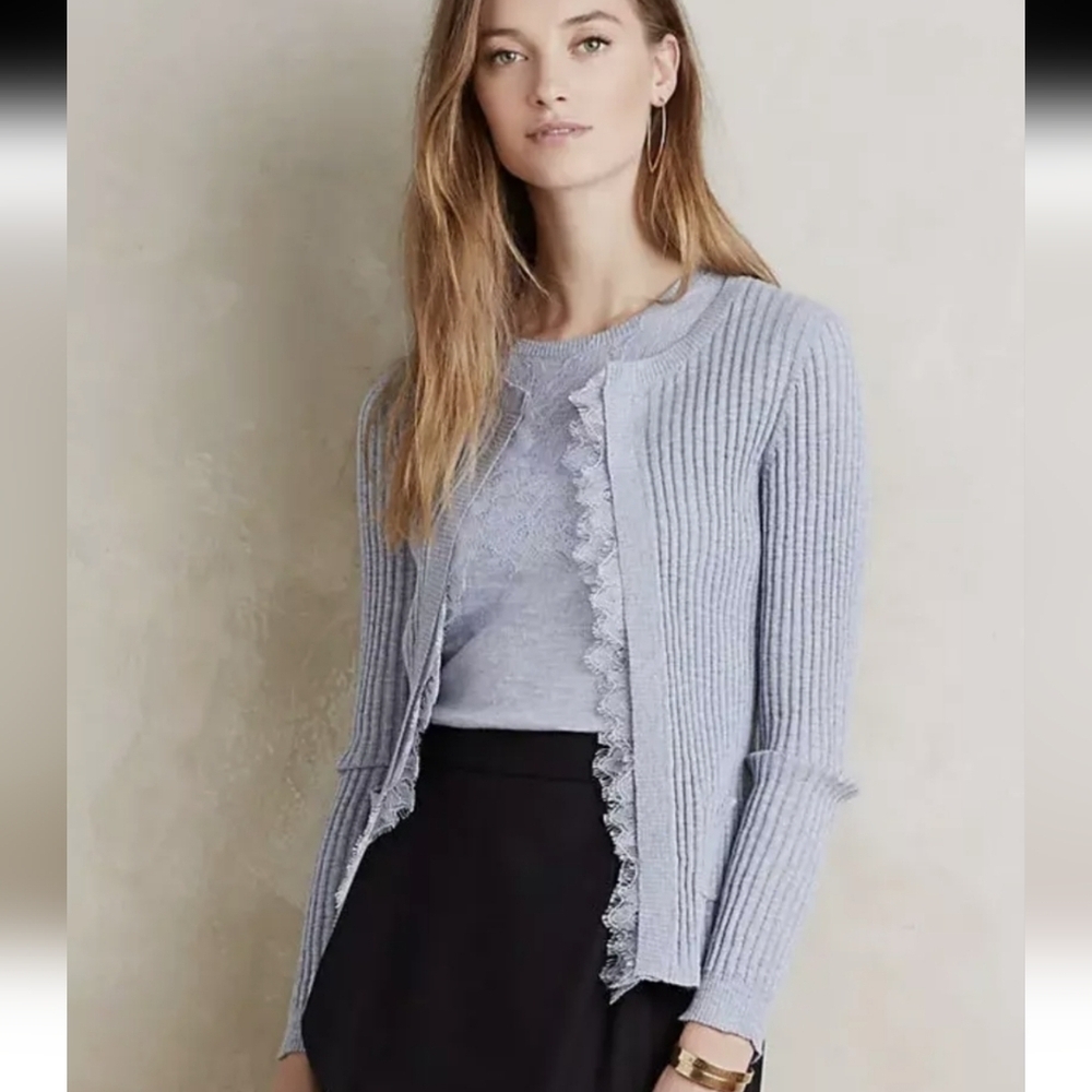 Knitted & Knotted Open Front Lace Ribbed Cardigan Sweater- size M